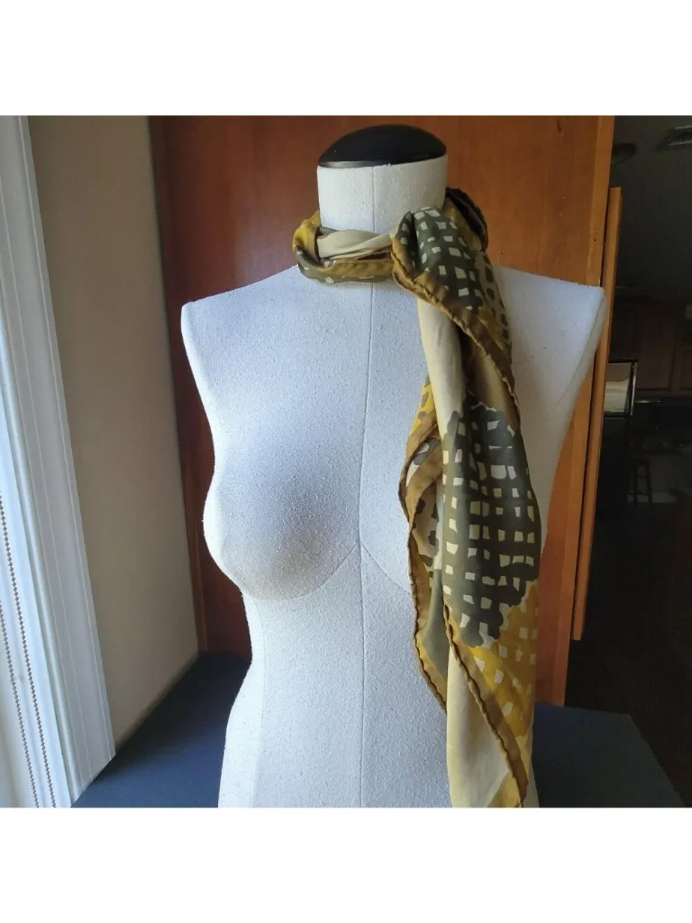 Vintage Echo Silk Scarf Square / Abstract Geometric Patchwork Pattern Neck Head